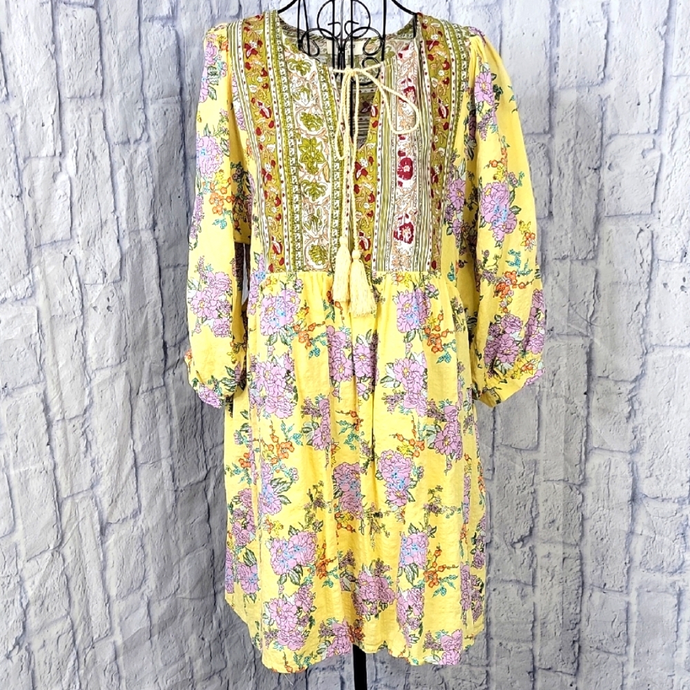 Umgee Yellow Floral 3/4 Sleeve Boho Dress